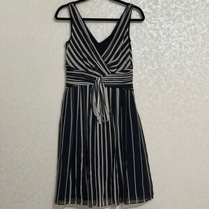 Ann Taylor Silk Dress Blue Striped Sleeveless V Neck Tie Waist Knee Length Sz 0